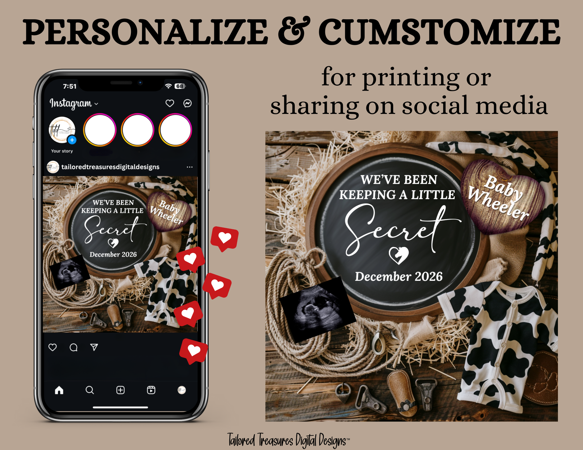 Digital Western Pregnancy Announcement, We've Been Keeping a Little Secret, Customizable Rodeo Themed, Personalized Editable Template TailoredTreasuresDigitalDesigns™