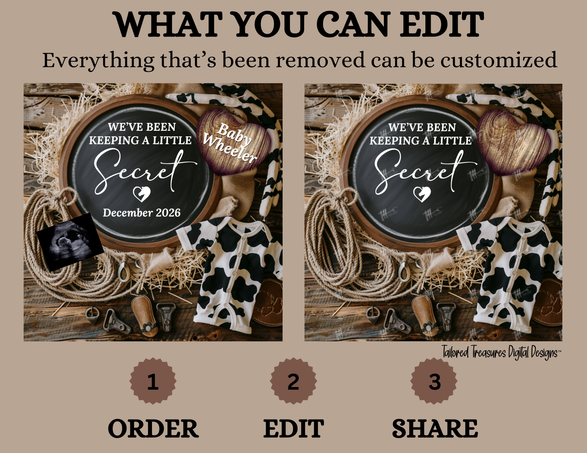 Digital Western Pregnancy Announcement, We've Been Keeping a Little Secret, Customizable Rodeo Themed, Personalized Editable Template TailoredTreasuresDigitalDesigns™