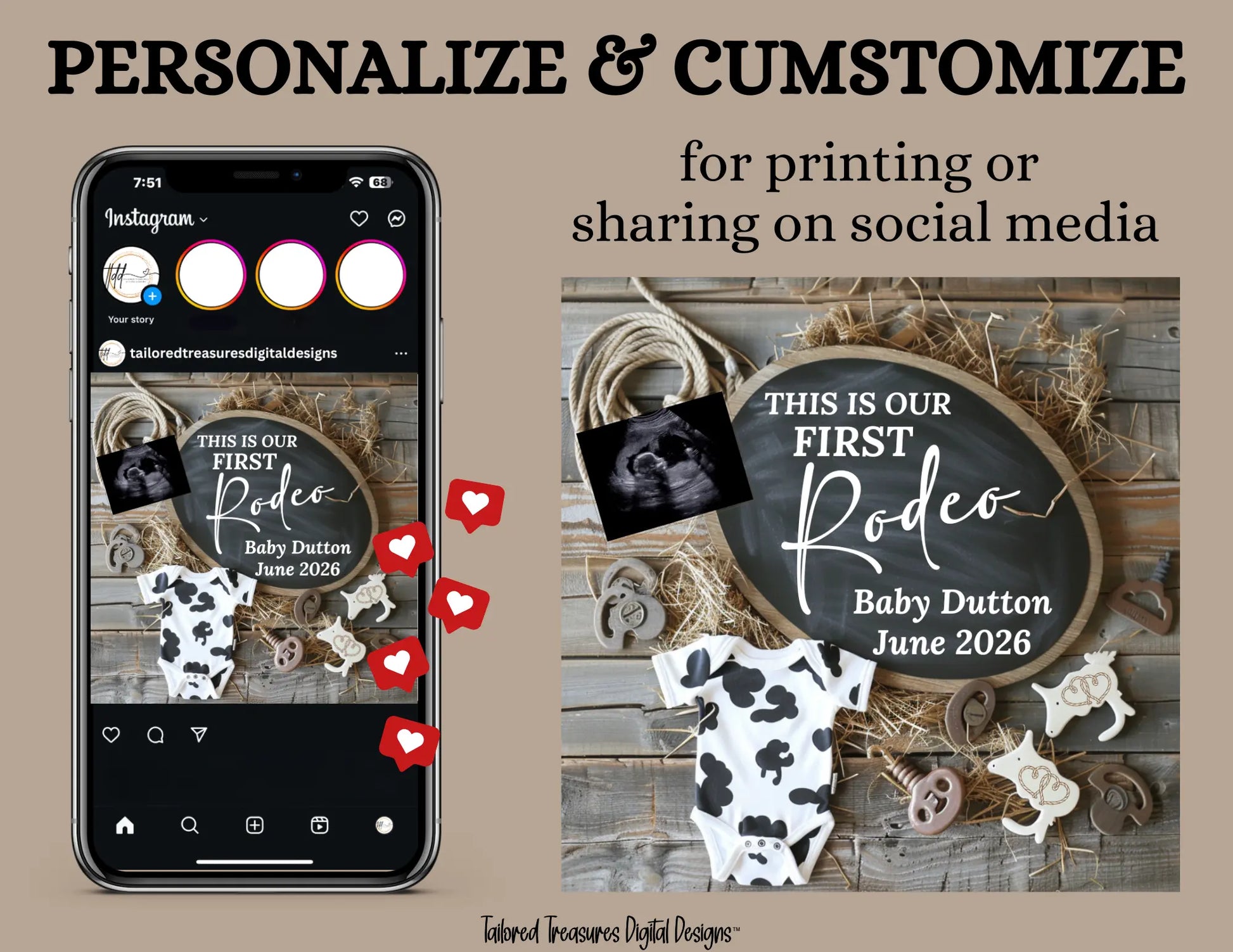 Digital Western Pregnancy Announcement, This is Our First Rodeo, Customizable Cowboy Themed, Personalized Editable Template TailoredTreasuresDigitalDesigns™