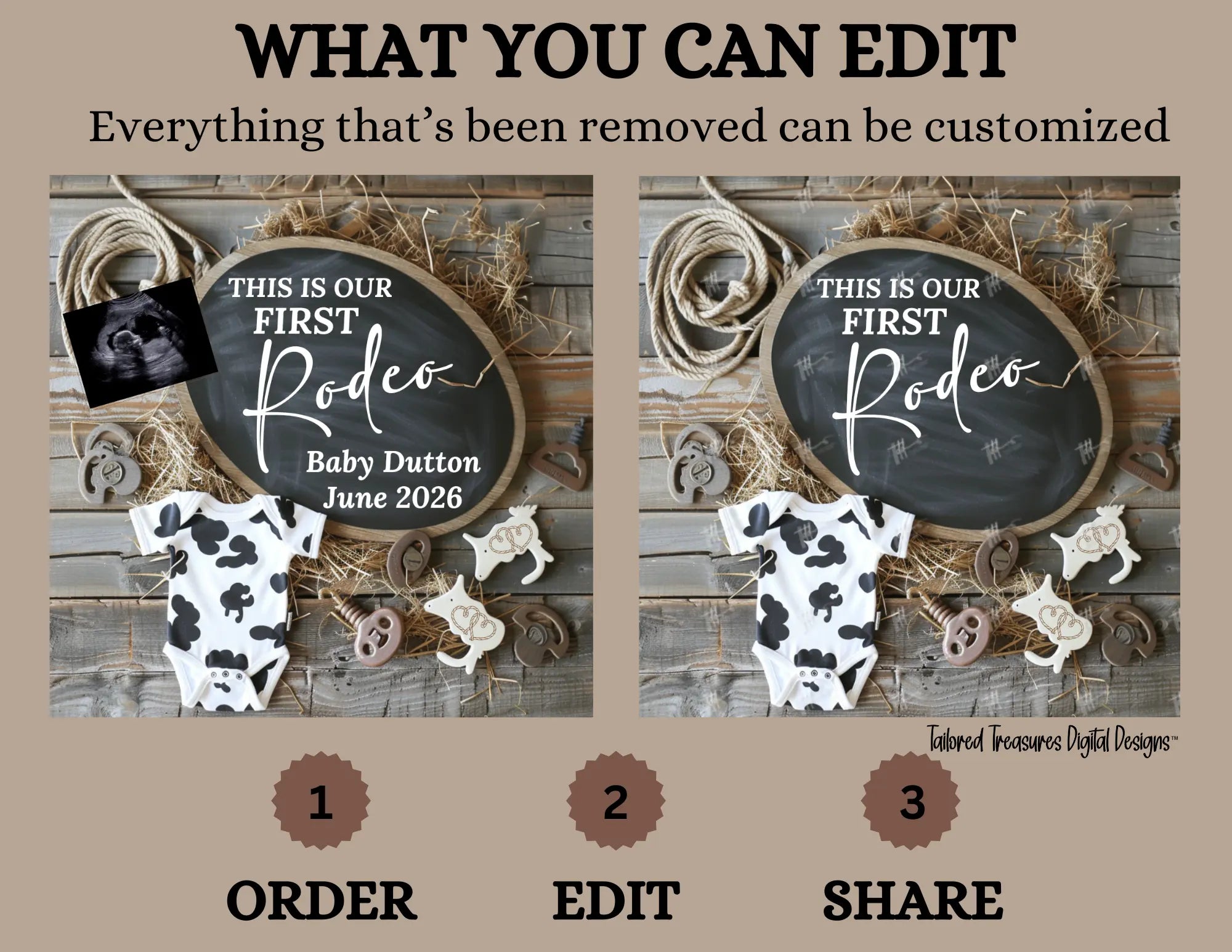 Digital Western Pregnancy Announcement, This is Our First Rodeo, Customizable Cowboy Themed, Personalized Editable Template TailoredTreasuresDigitalDesigns™