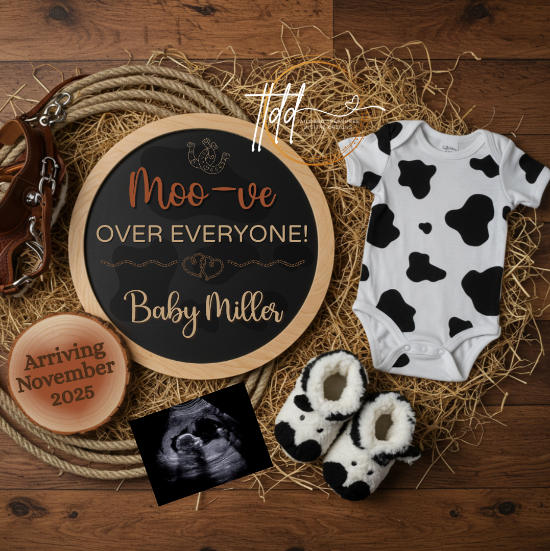 Digital Farm Animal Cow Pregnancy Announcement, Moo-ve Over Everyone, Customizable Western Themed, Personalized Editable Template TailoredTreasuresDigitalDesigns™