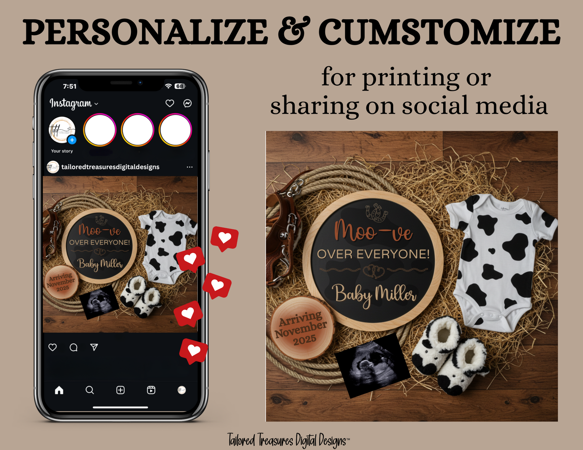 Digital Farm Animal Cow Pregnancy Announcement, Moo-ve Over Everyone, Customizable Western Themed, Personalized Editable Template TailoredTreasuresDigitalDesigns™