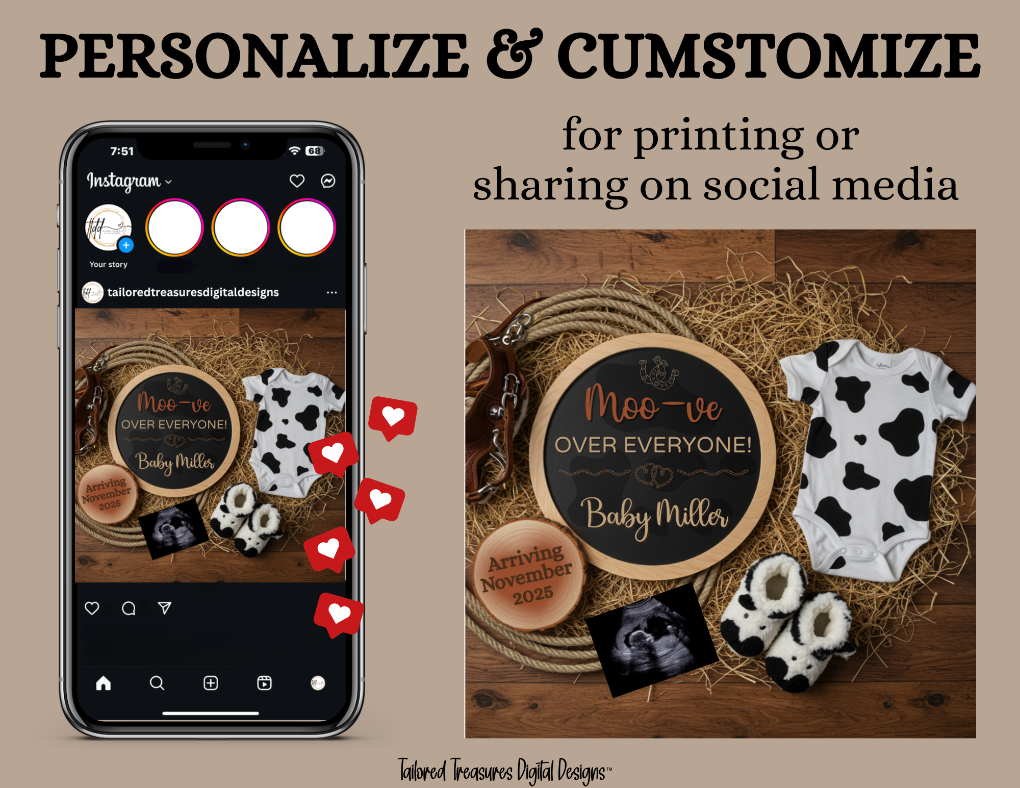 Digital Farm Animal Cow Pregnancy Announcement, Moo-ve Over Everyone, Customizable Western Themed, Personalized Editable Template TailoredTreasuresDigitalDesigns™