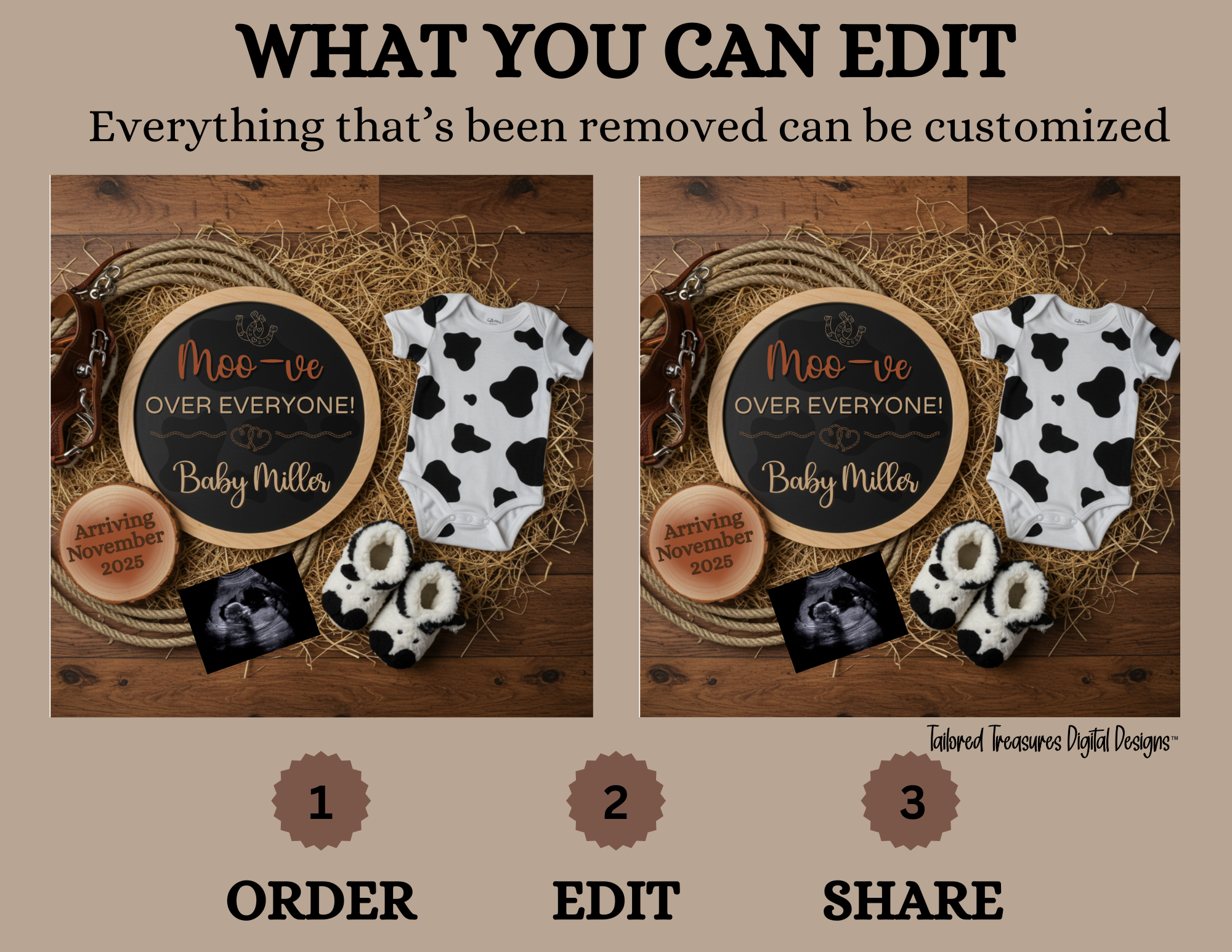 Digital Farm Animal Cow Pregnancy Announcement, Moo-ve Over Everyone, Customizable Western Themed, Personalized Editable Template TailoredTreasuresDigitalDesigns™