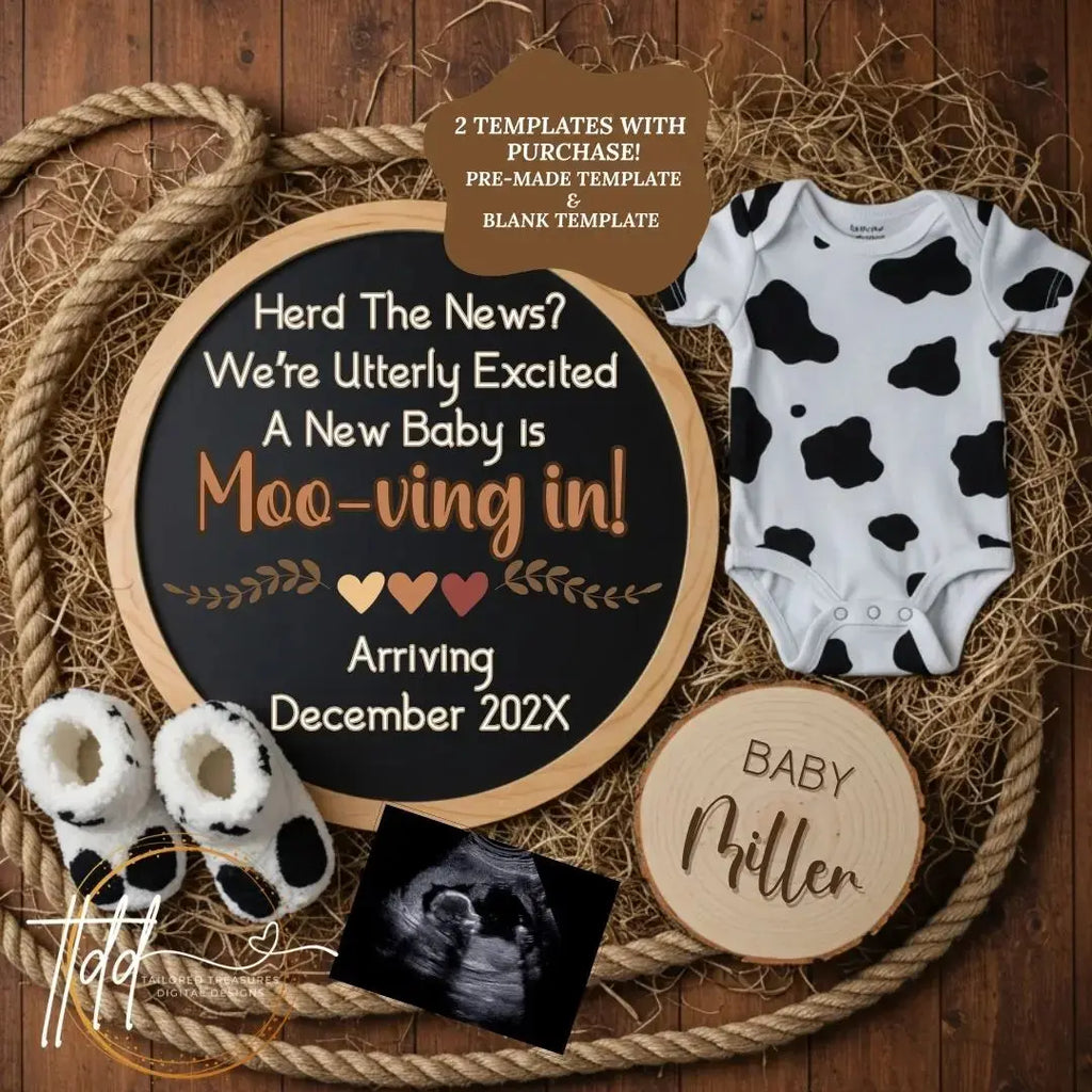Digital Farm Animal Cow Pregnancy Announcement, Herd The Big News, Customizable Western Themed, Personalized Editable Template TailoredTreasuresDigitalDesigns™