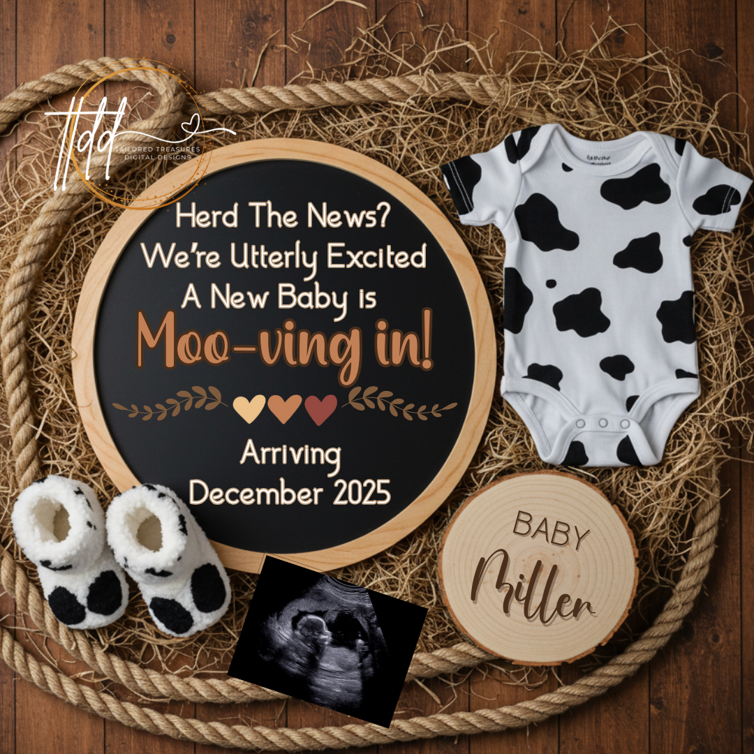 Digital Farm Animal Cow Pregnancy Announcement, Herd The Big News, Customizable Western Themed, Personalized Editable Template TailoredTreasuresDigitalDesigns™