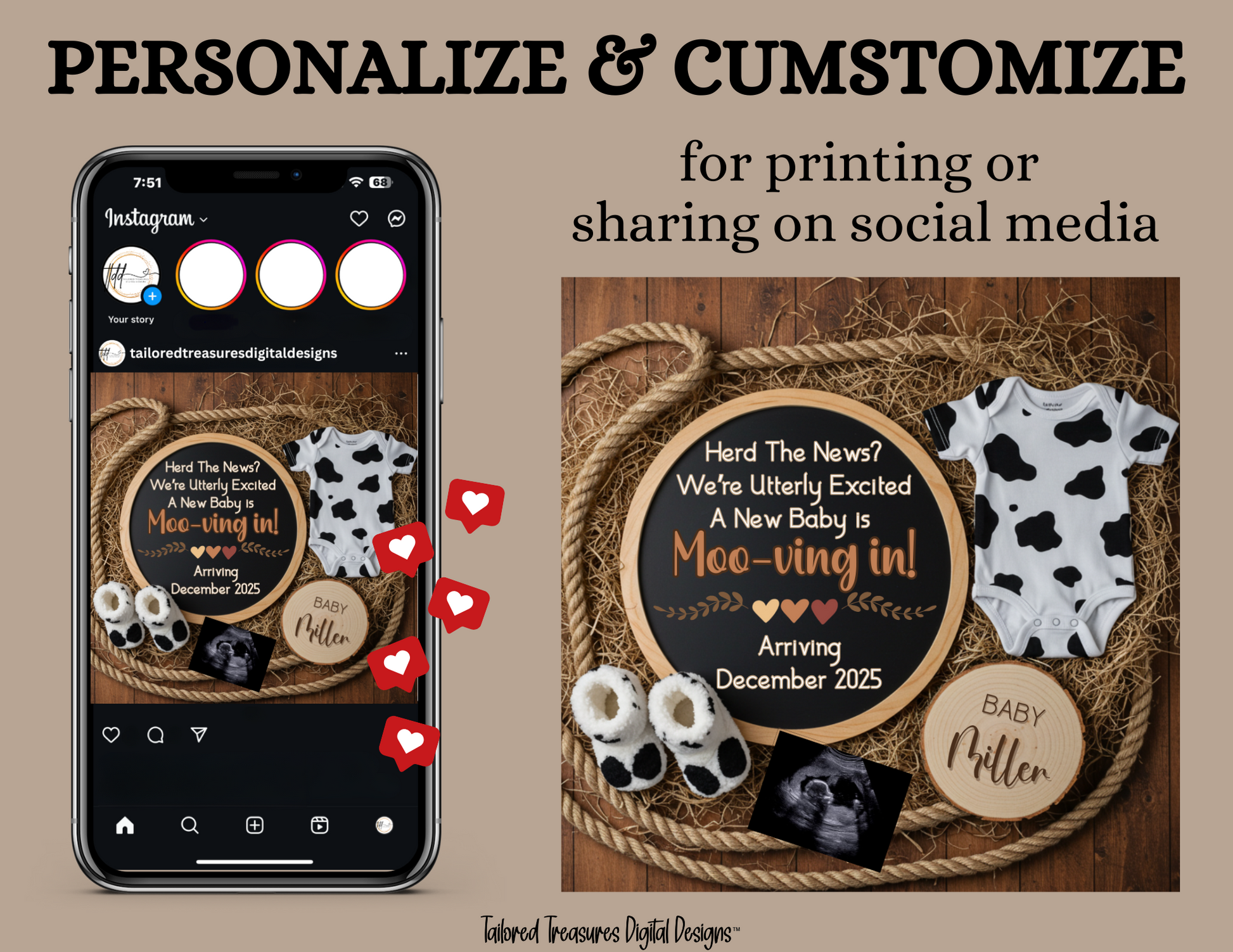 Digital Farm Animal Cow Pregnancy Announcement, Herd The Big News, Customizable Western Themed, Personalized Editable Template TailoredTreasuresDigitalDesigns™