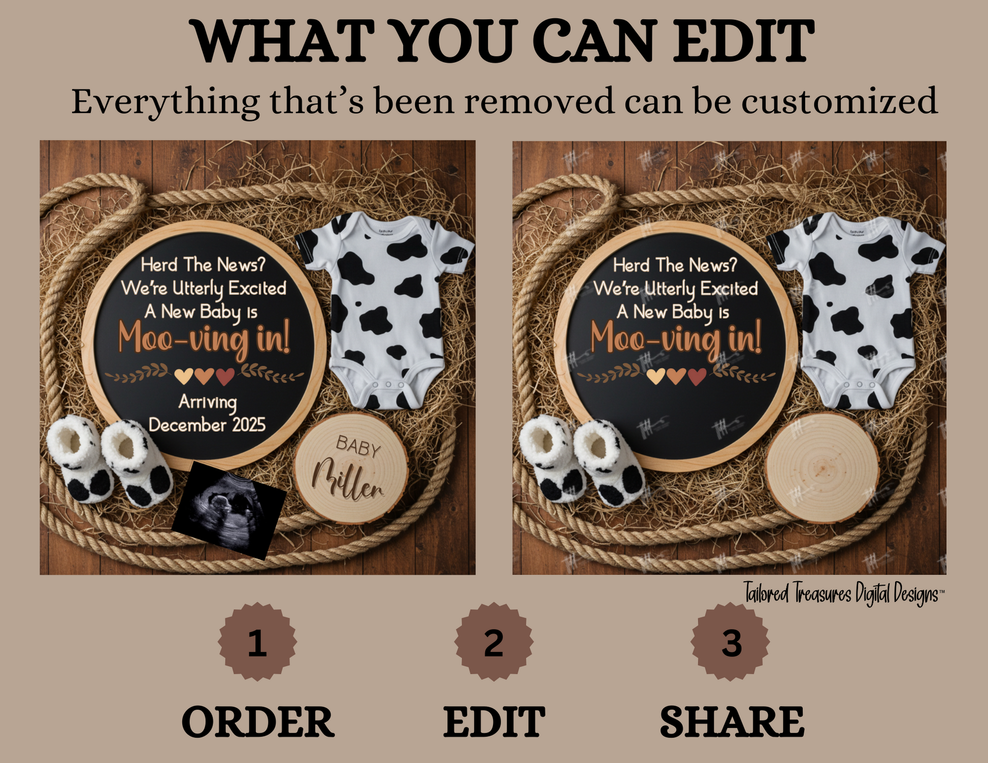 Digital Farm Animal Cow Pregnancy Announcement, Herd The Big News, Customizable Western Themed, Personalized Editable Template TailoredTreasuresDigitalDesigns™