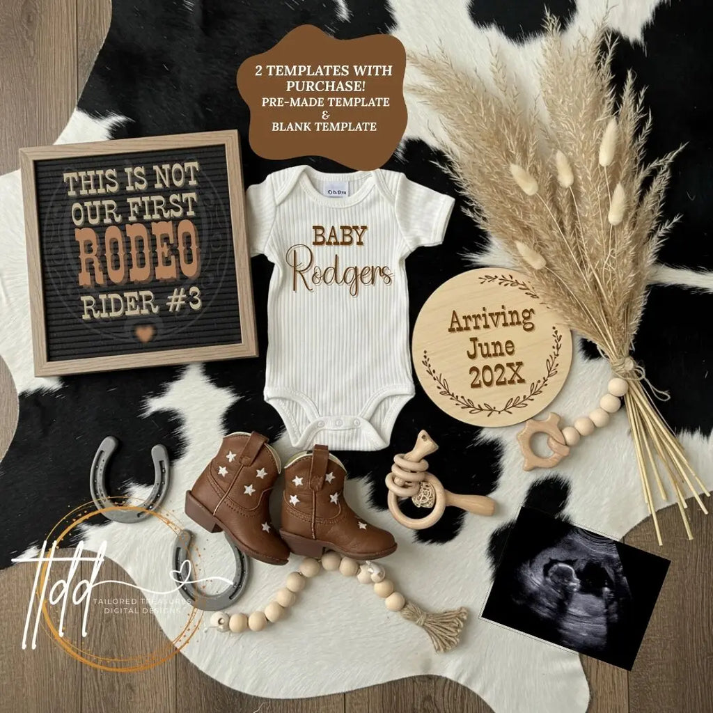 Digital Western Pregnancy Announcement, This is Not Our First Rodeo, Customizable Cowboy Themed, Personalized Editable Template TailoredTreasuresDigitalDesigns™