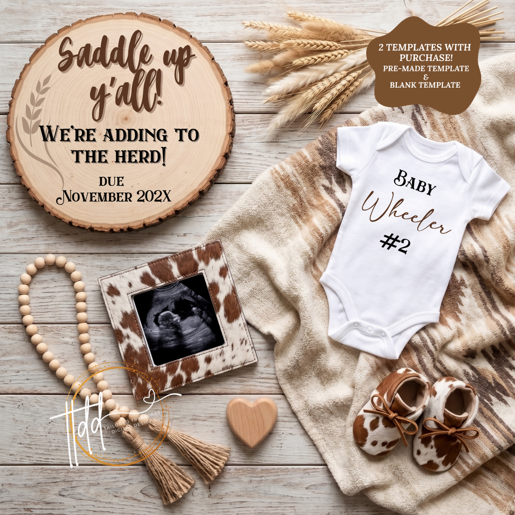 Western Pregnancy Announcement Canva Template – Saddle Up, Adding to Our Herd