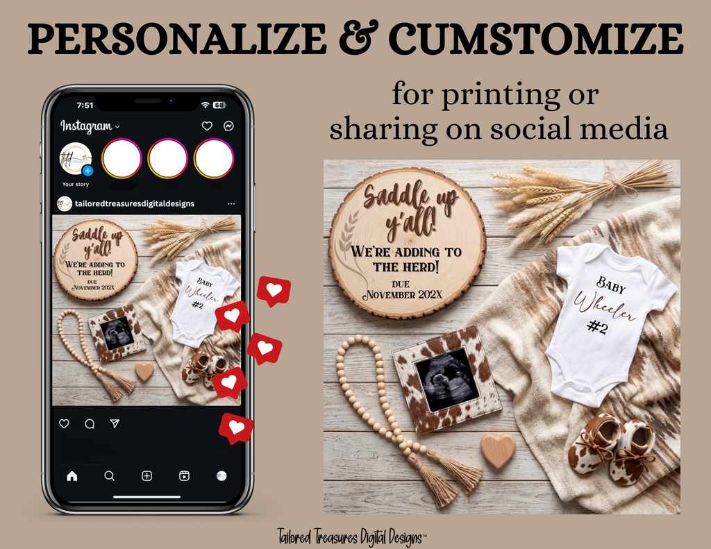 Western Pregnancy Announcement Canva Template – Saddle Up, Adding to Our Herd