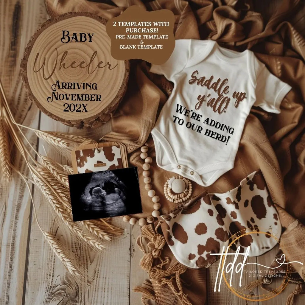 Digital Western Pregnancy Announcement, Saddle Up We're Adding to Our Herd, Customizable Cowboy Themed, Personalized Editable Template TailoredTreasuresDigitalDesigns™