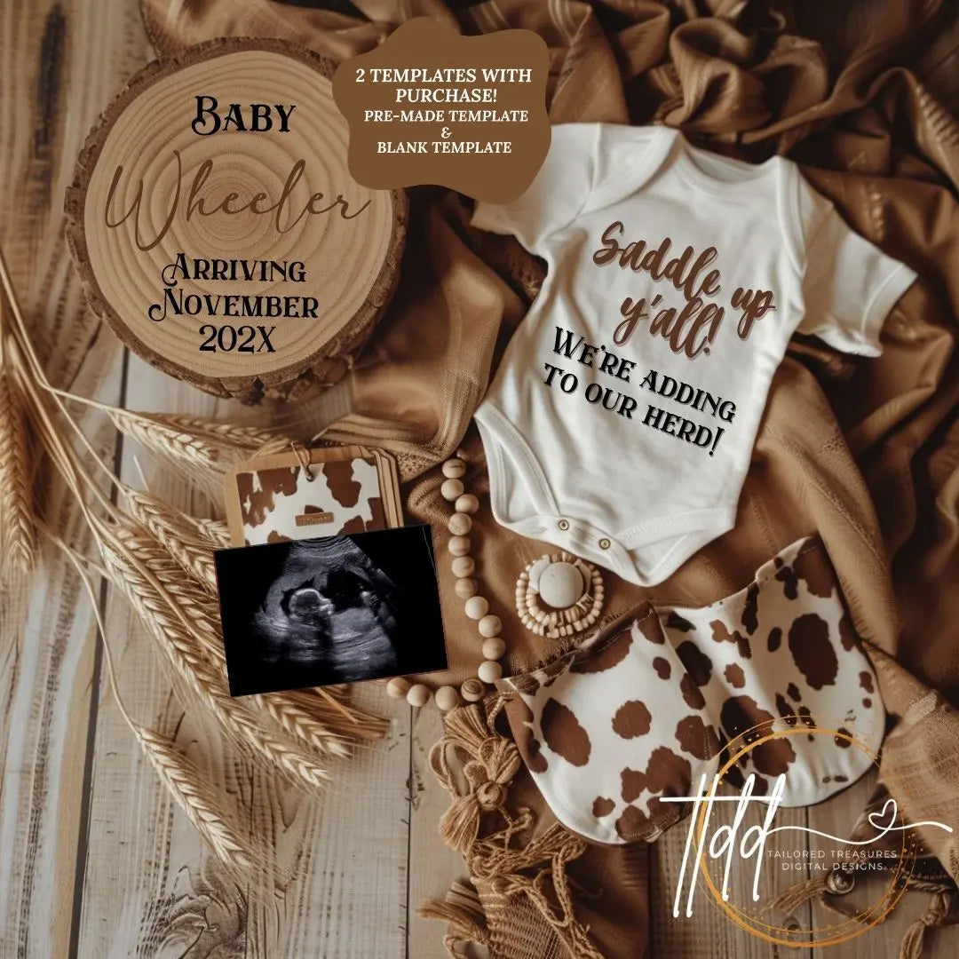 Digital Western Pregnancy Announcement, Saddle Up We're Adding to Our Herd, Customizable Cowboy Themed, Personalized Editable Template TailoredTreasuresDigitalDesigns™
