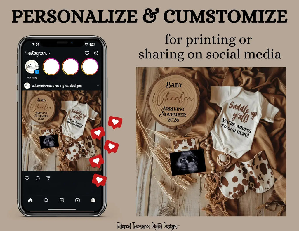 Digital Western Pregnancy Announcement, Saddle Up We're Adding to Our Herd, Customizable Cowboy Themed, Personalized Editable Template TailoredTreasuresDigitalDesigns™