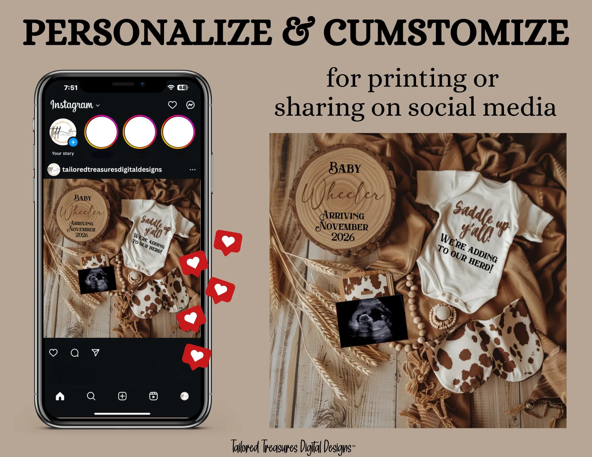 Digital Western Pregnancy Announcement, Saddle Up We're Adding to Our Herd, Customizable Cowboy Themed, Personalized Editable Template TailoredTreasuresDigitalDesigns™