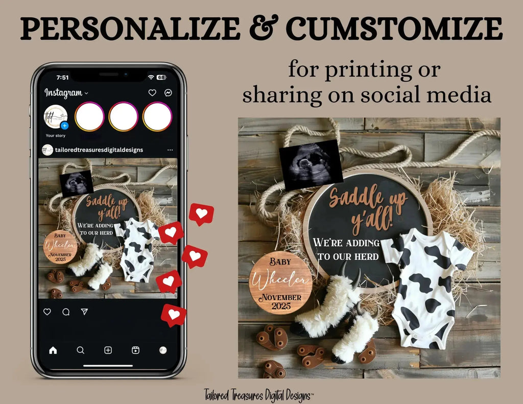 Phone screen showing social media post with rustic baby announcement elements on a wooden background.