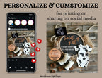 Phone screen showing social media post with rustic baby announcement elements on a wooden background.
