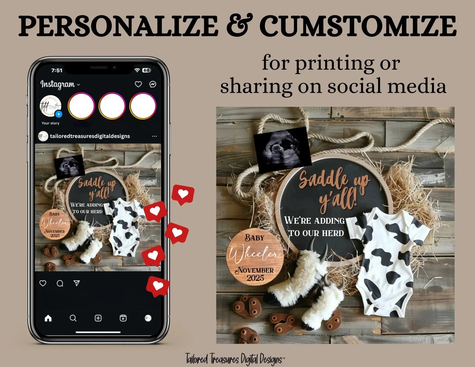 Phone screen showing social media post with rustic baby announcement elements on a wooden background.