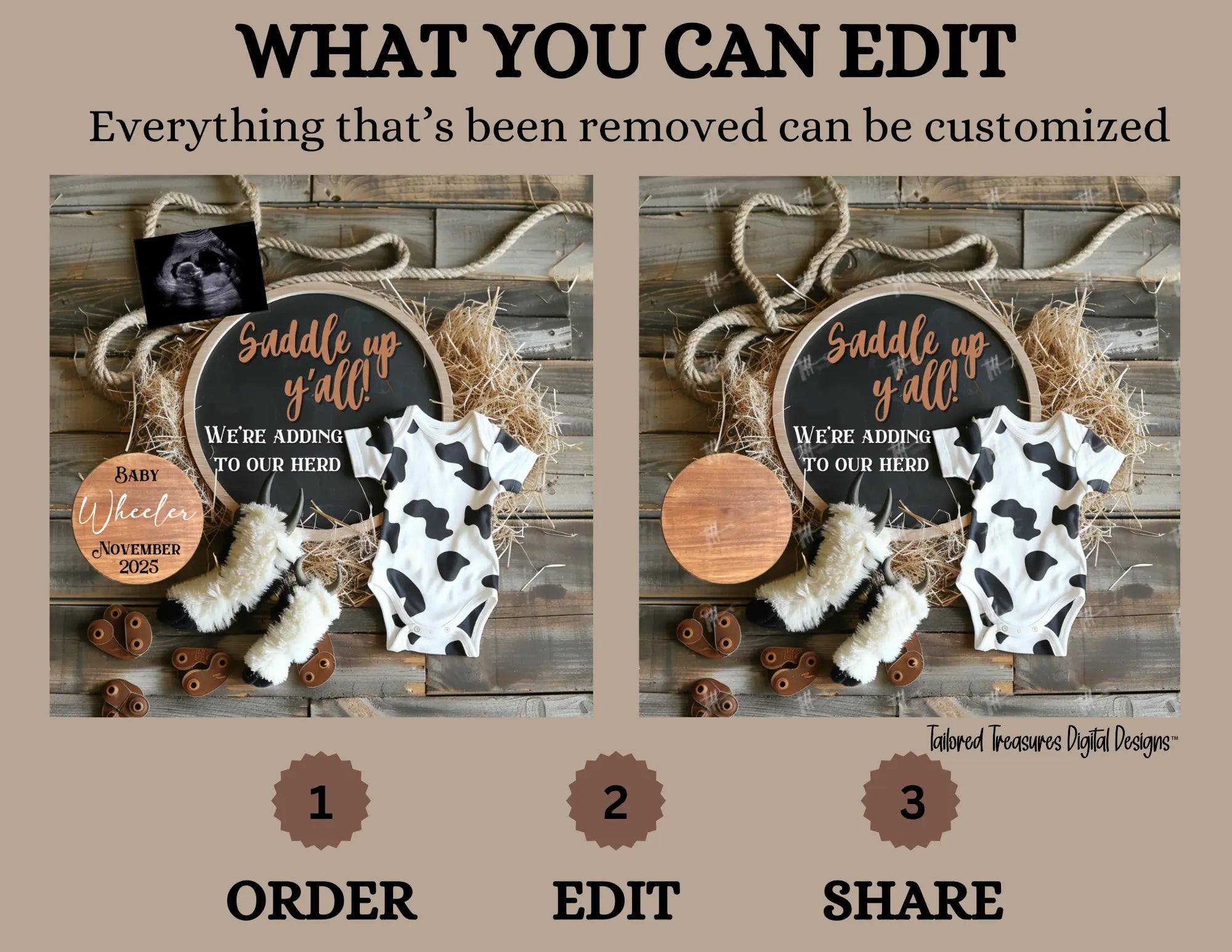 Product display with customizable elements on a wooden background