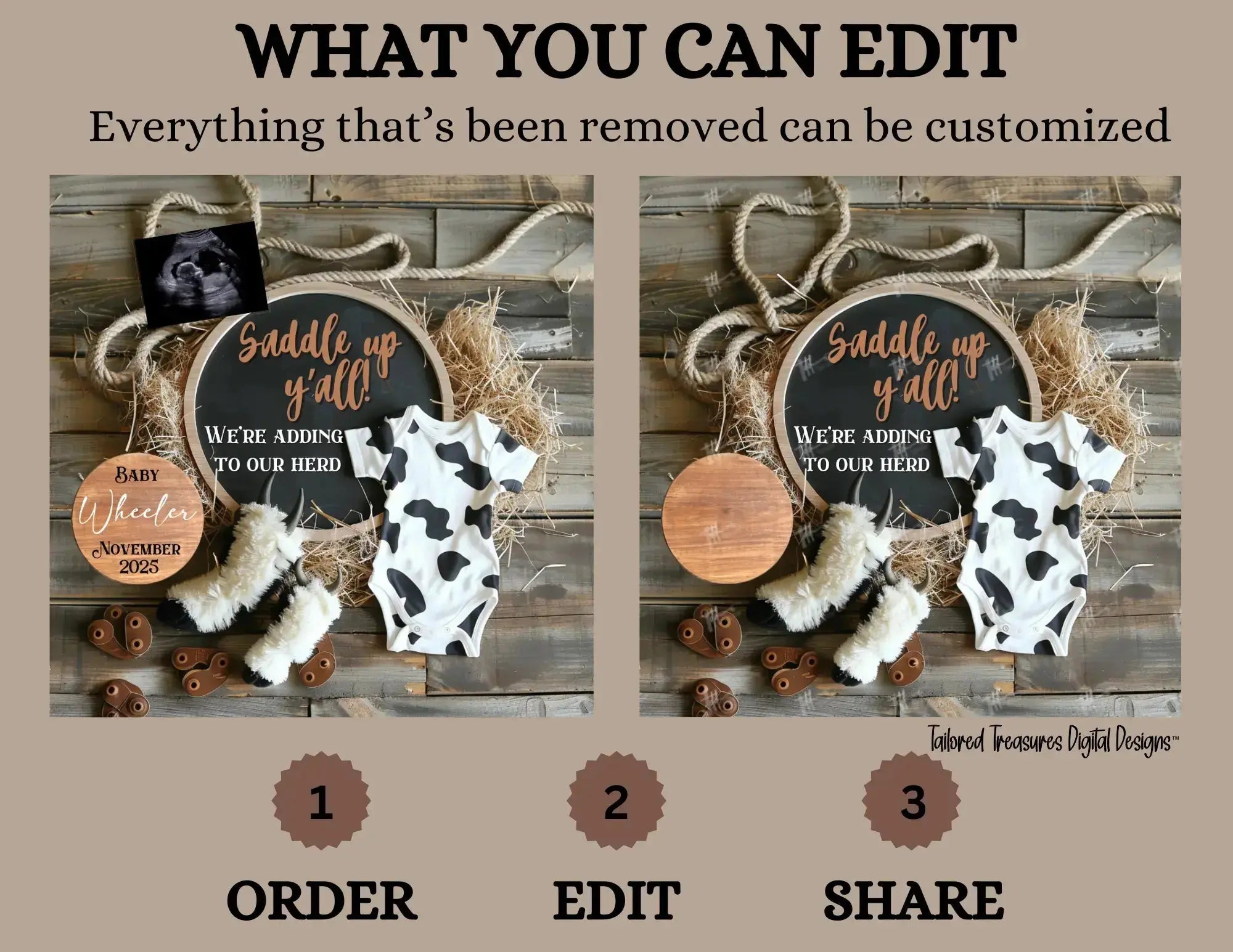 Product display with customizable elements on a wooden background
