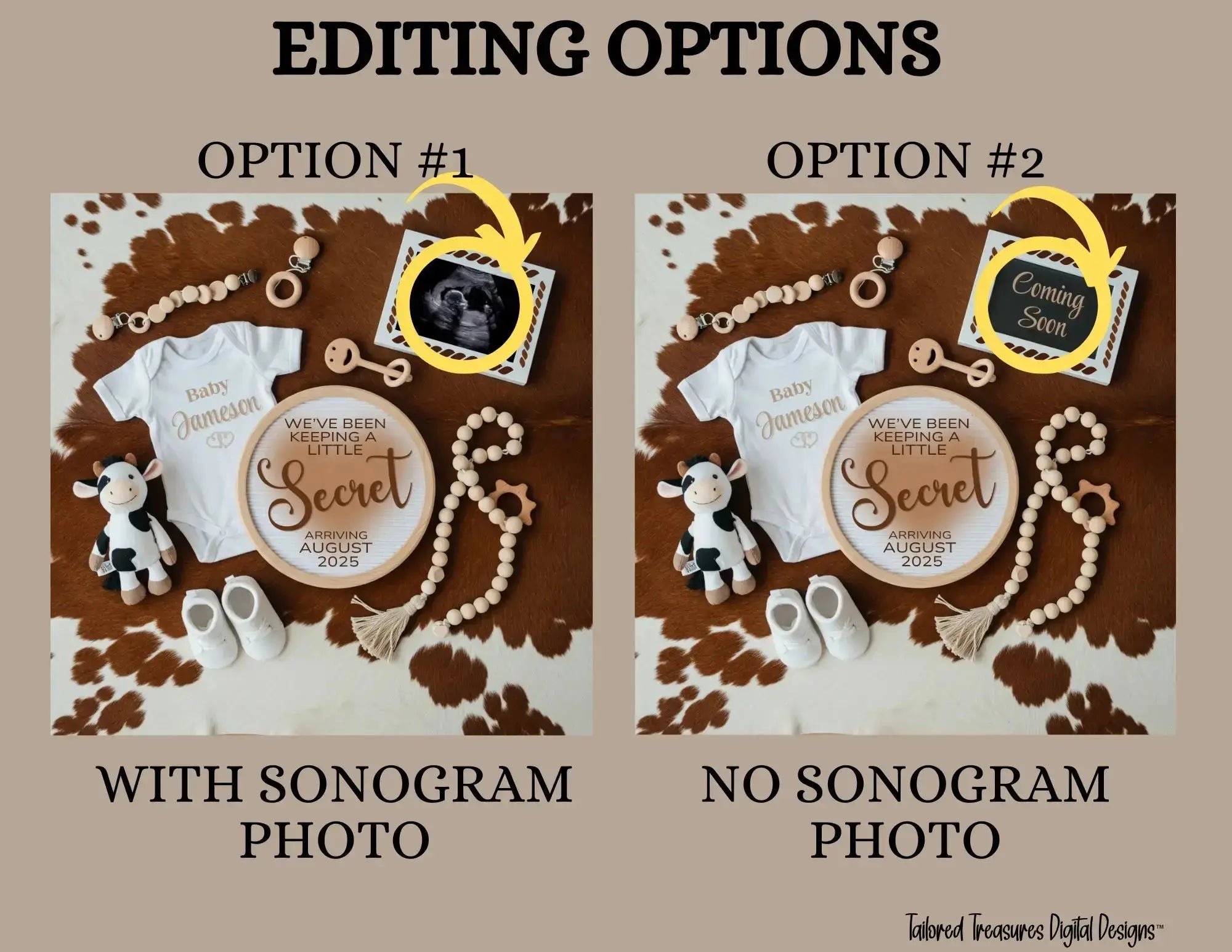 Digital Cow Print Pregnancy Announcement, We've Been Keeping a Little Secret, Customizable Western Themed, Personalized Editable Template TailoredTreasuresDigitalDesigns™