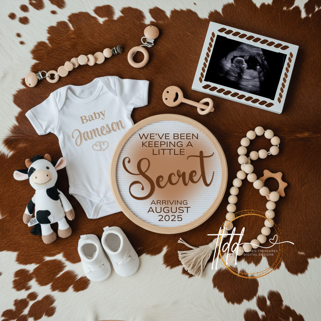 Digital Cow Print Pregnancy Announcement, We've Been Keeping a Little Secret, Customizable Western Themed, Personalized Editable Template TailoredTreasuresDigitalDesigns™