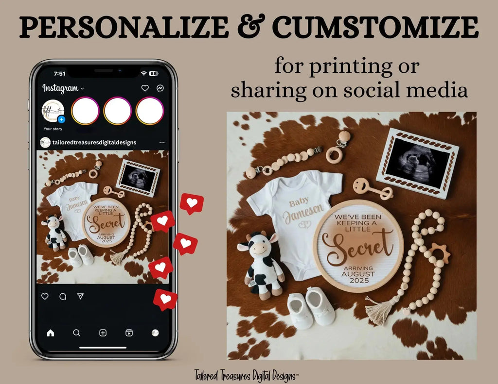 Digital Cow Print Pregnancy Announcement, We've Been Keeping a Little Secret, Customizable Western Themed, Personalized Editable Template TailoredTreasuresDigitalDesigns™
