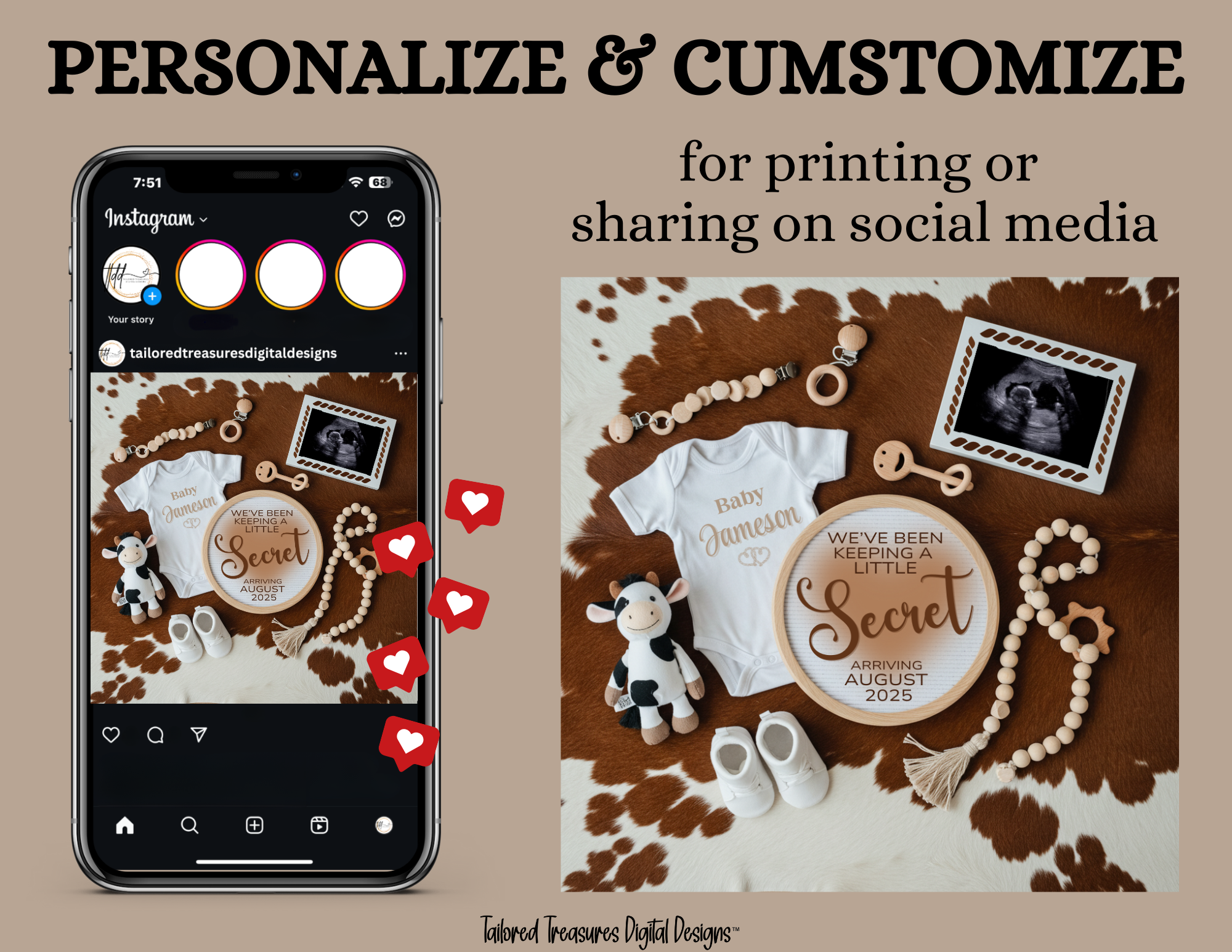 Digital Cow Print Pregnancy Announcement, We've Been Keeping a Little Secret, Customizable Western Themed, Personalized Editable Template TailoredTreasuresDigitalDesigns™