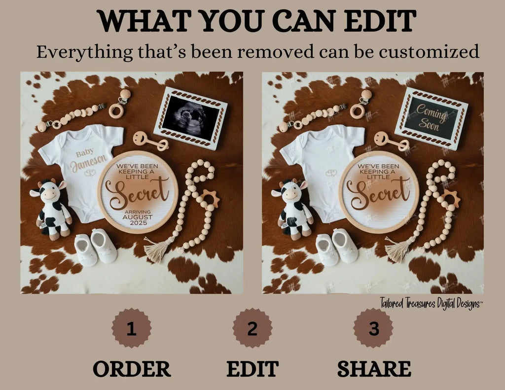 Digital Cow Print Pregnancy Announcement, We've Been Keeping a Little Secret, Customizable Western Themed, Personalized Editable Template TailoredTreasuresDigitalDesigns™
