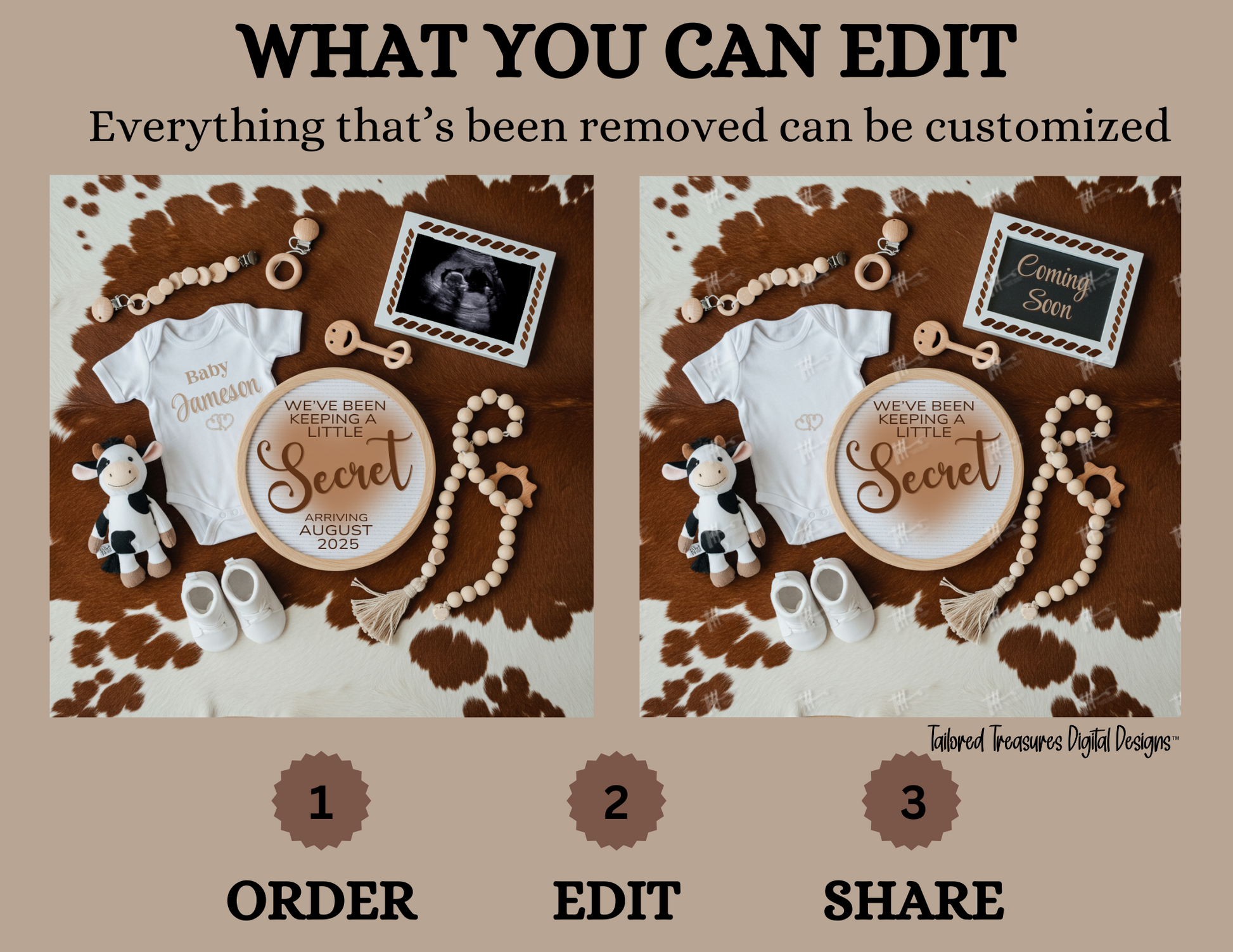 Digital Cow Print Pregnancy Announcement, We've Been Keeping a Little Secret, Customizable Western Themed, Personalized Editable Template TailoredTreasuresDigitalDesigns™