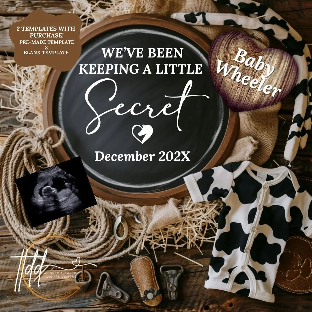 Digital Western Pregnancy Announcement, We've Been Keeping a Little Secret, Customizable Rodeo Themed, Personalized Editable Template TailoredTreasuresDigitalDesigns™
