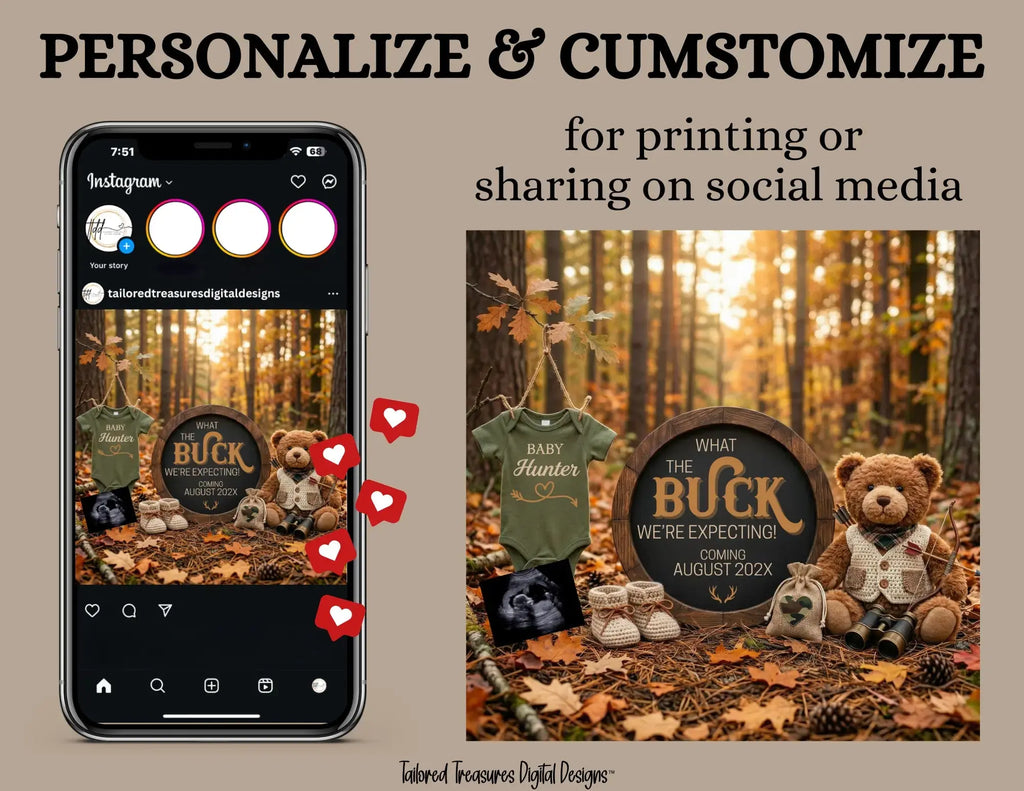 Buck We're Expecting, Hunting Digital Pregnancy Announcement, Gender Natural Customizable Editable Template - TailoredTreasuresDigitalDesigns™