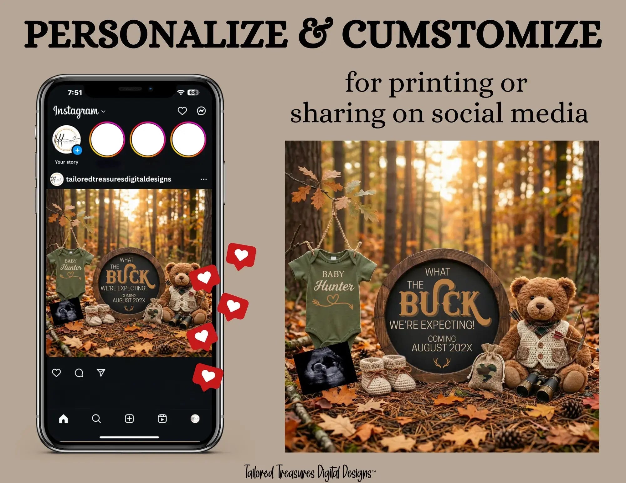 Buck We're Expecting, Hunting Digital Pregnancy Announcement, Gender Natural Customizable Editable Template - TailoredTreasuresDigitalDesigns™
