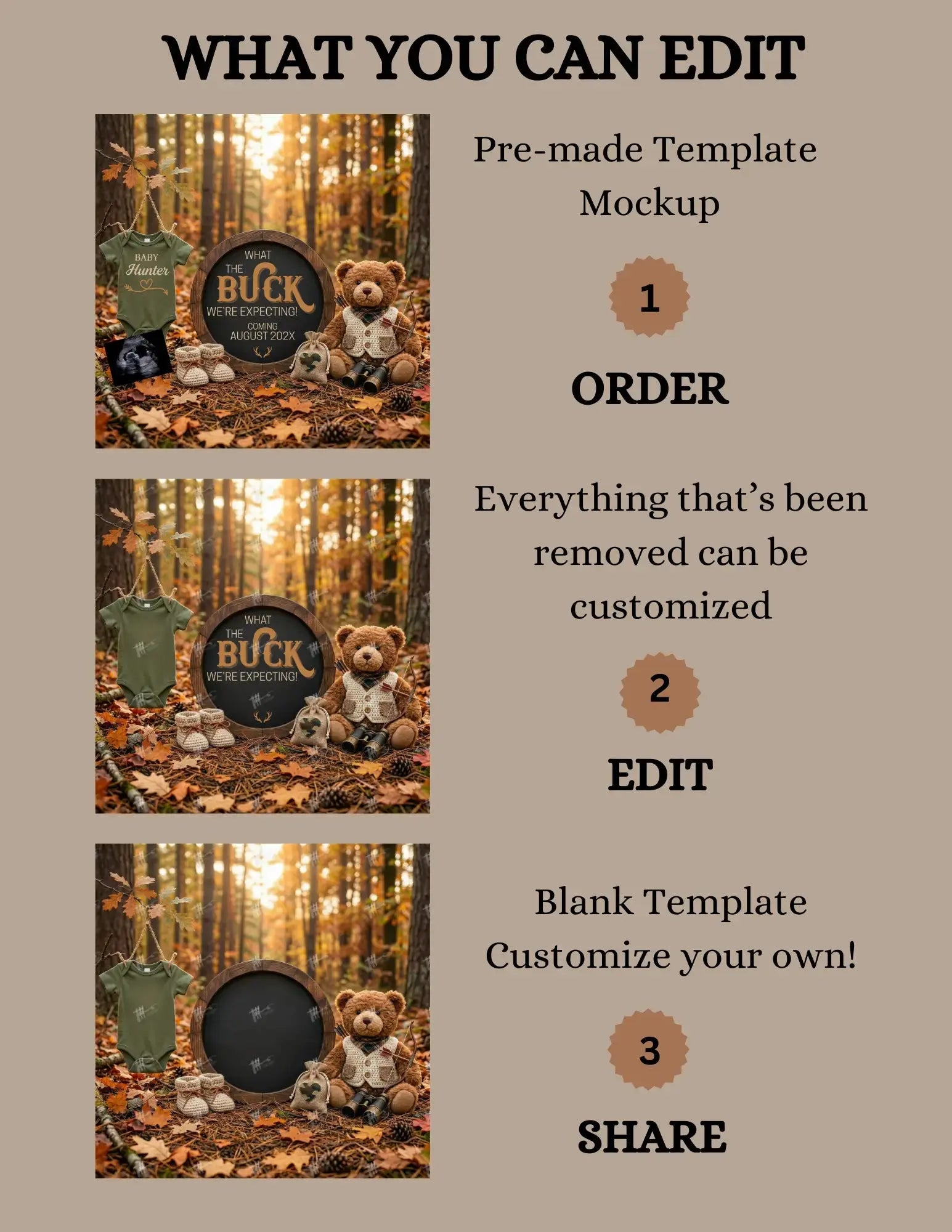 Buck We're Expecting, Hunting Digital Pregnancy Announcement, Gender Natural Customizable Editable Template - TailoredTreasuresDigitalDesigns™