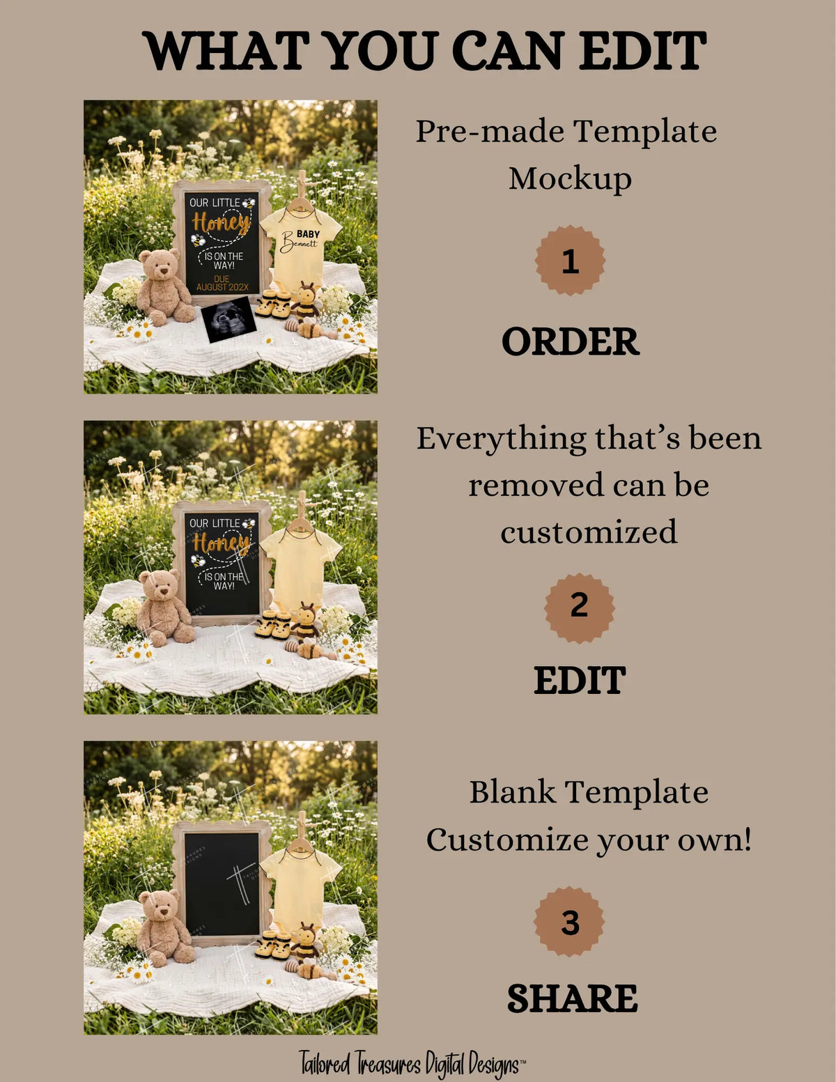 Honey Bee Pregnancy Announcement Template, Editable Digital Baby Reveal - Our Little Honey Is On The Way TailoredTreasuresDigitalDesigns™