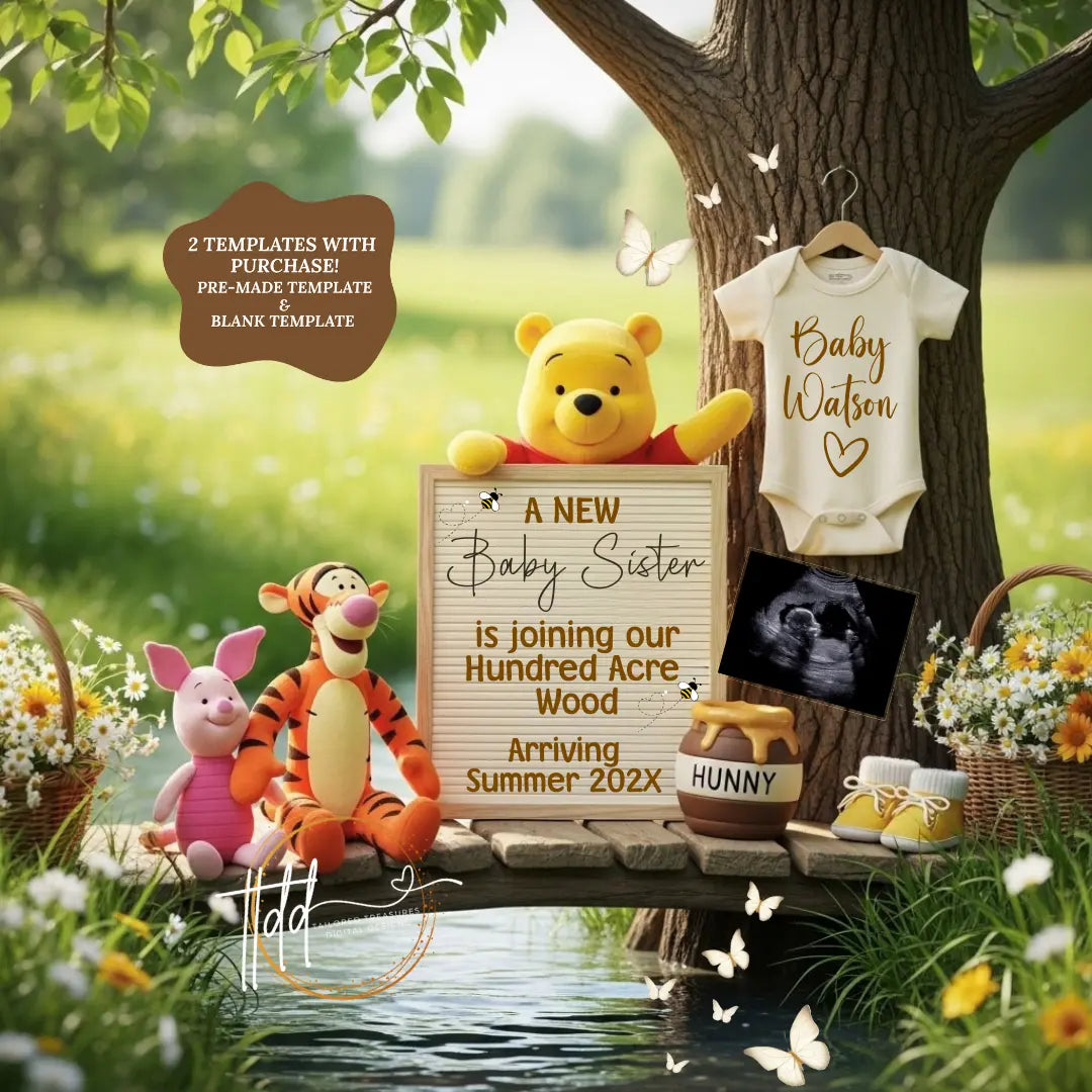 A New Baby Sister Pregnancy Announcement, Disney Winnie the Pooh Baby Reveal, It's A Girl Template TailoredTreasuresDigitalDesigns™