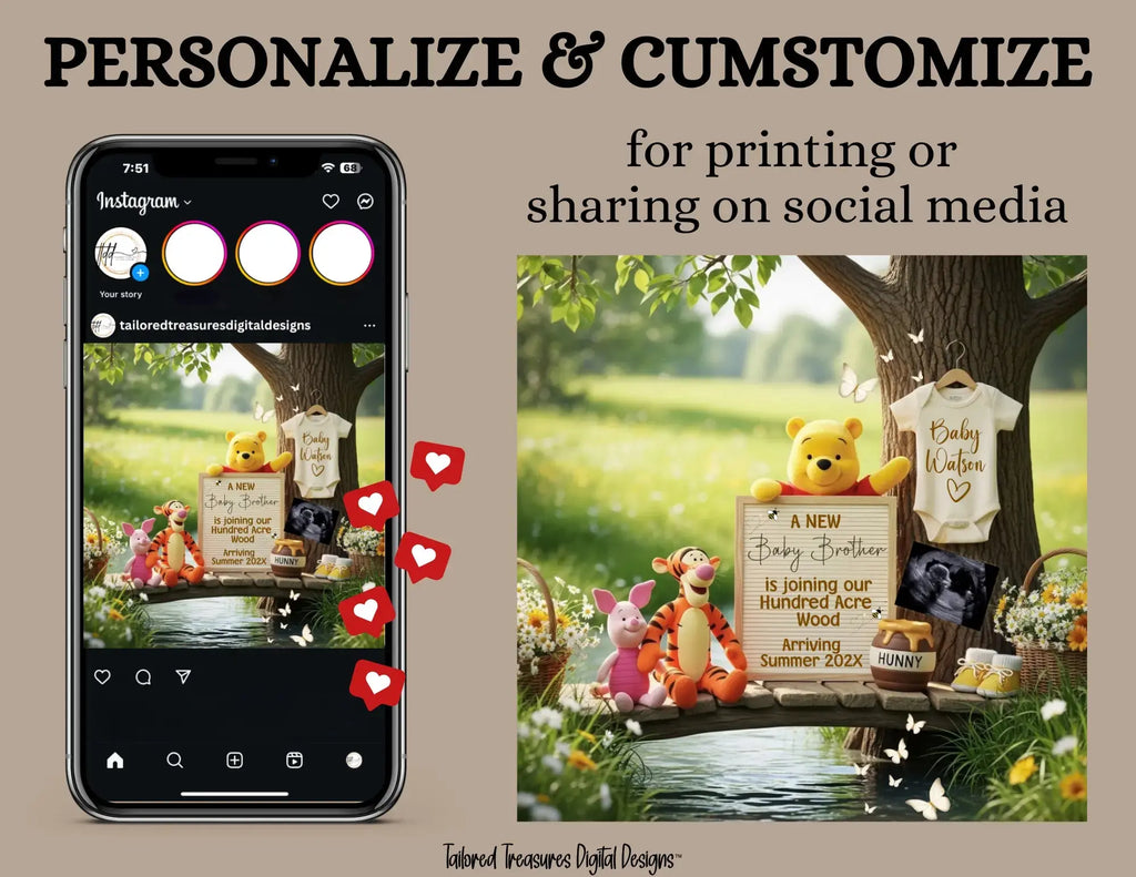 A New Baby Brother Pregnancy Announcement, Disney Winnie the Pooh Baby Reveal, It's A Boy Template TailoredTreasuresDigitalDesigns™
