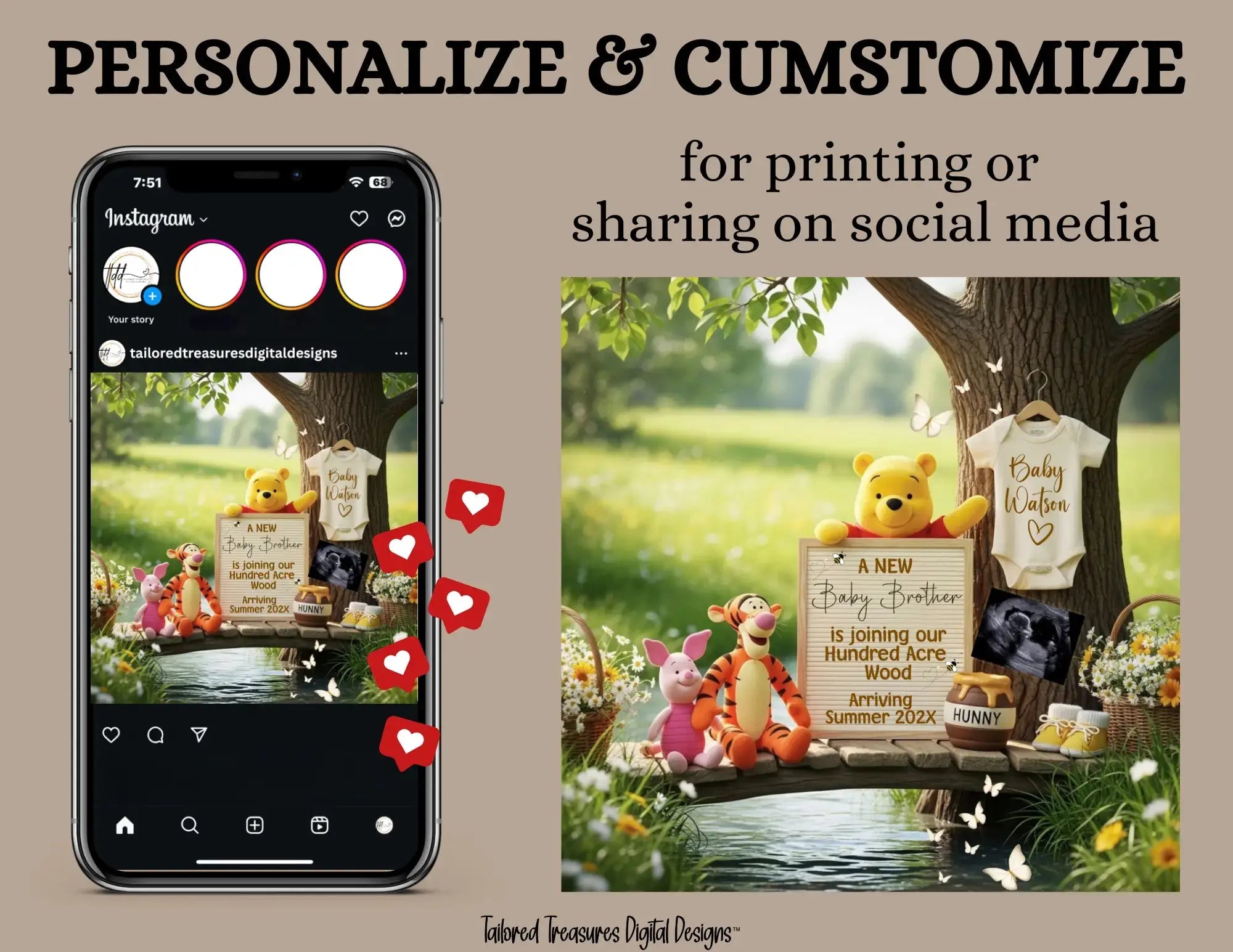 A New Baby Brother Pregnancy Announcement, Disney Winnie the Pooh Baby Reveal, It's A Boy Template TailoredTreasuresDigitalDesigns™