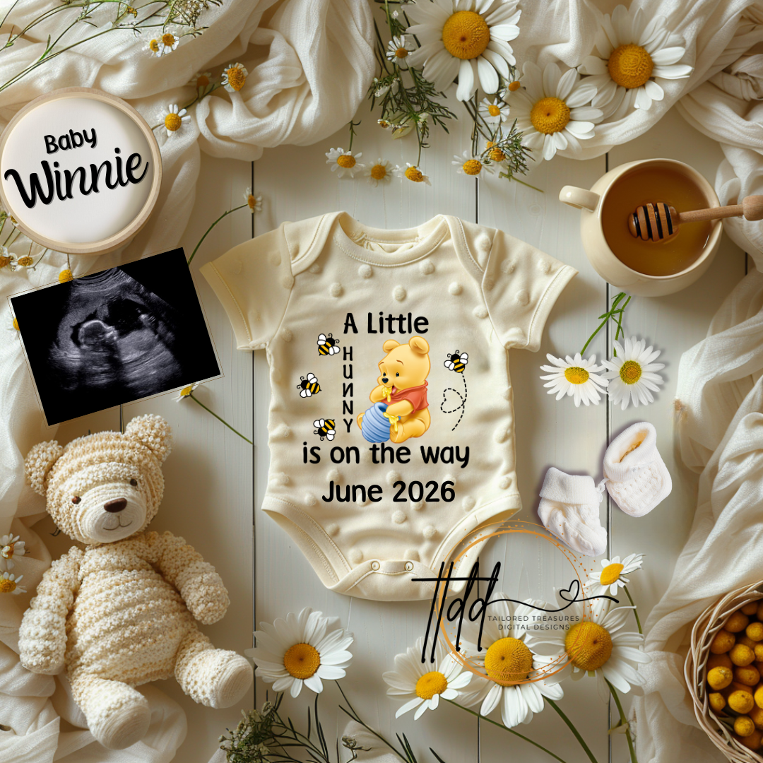 Digital Pregnancy Announcement, A Little Hunny Is Due, Customizable Disney Winnie The Pooh Themed, Personalized Editable Template TailoredTreasuresDigitalDesigns™
