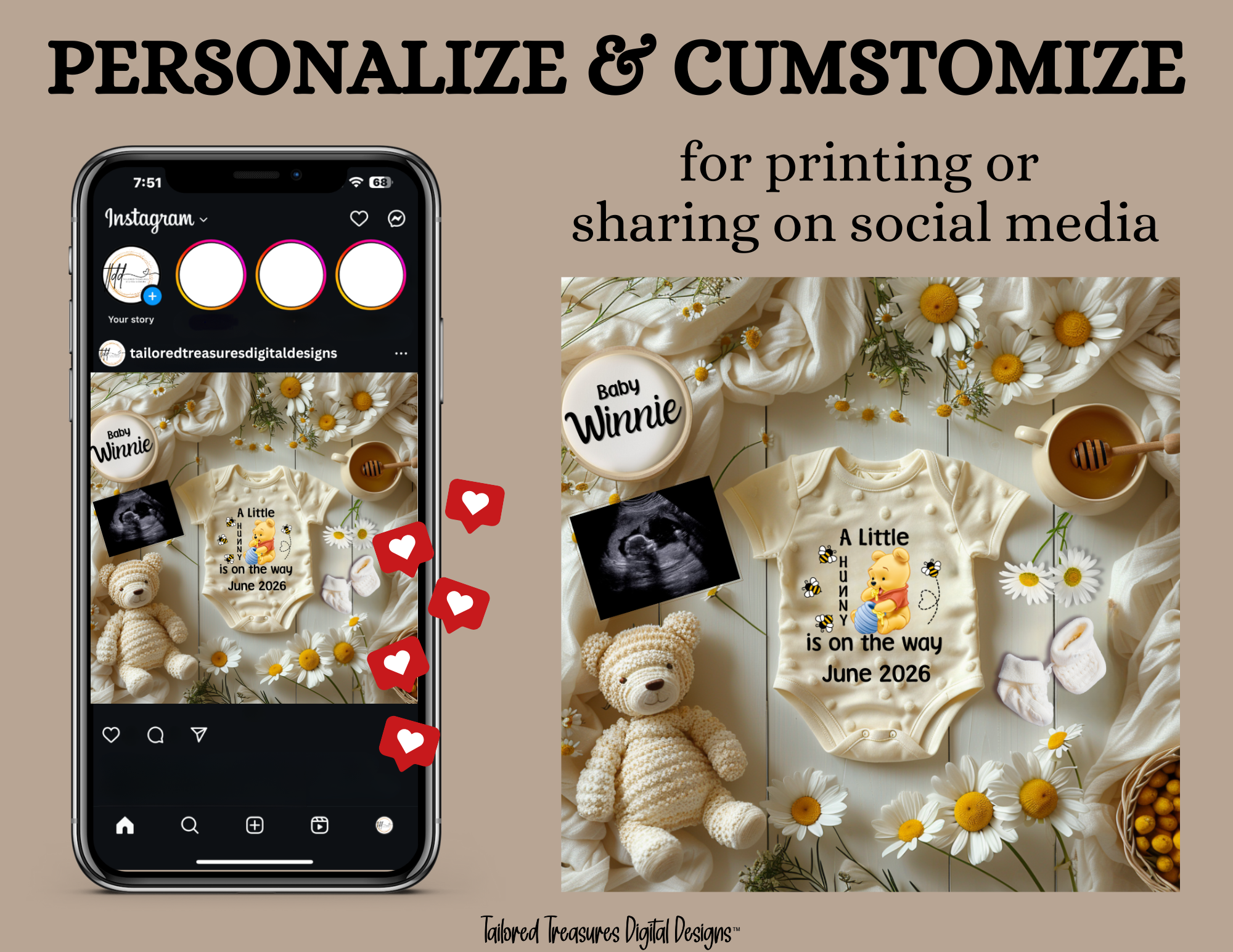 Digital Pregnancy Announcement, A Little Hunny Is Due, Customizable Disney Winnie The Pooh Themed, Personalized Editable Template TailoredTreasuresDigitalDesigns™