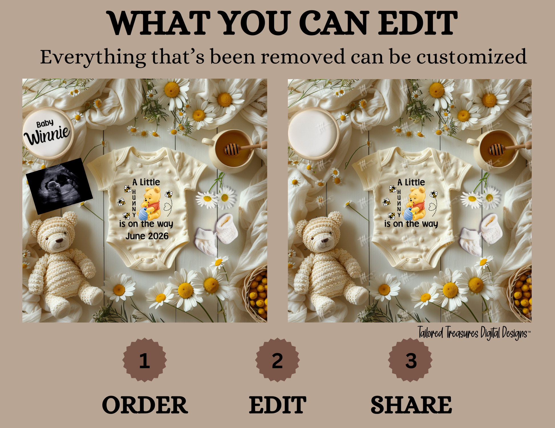 Digital Pregnancy Announcement, A Little Hunny Is Due, Customizable Disney Winnie The Pooh Themed, Personalized Editable Template TailoredTreasuresDigitalDesigns™