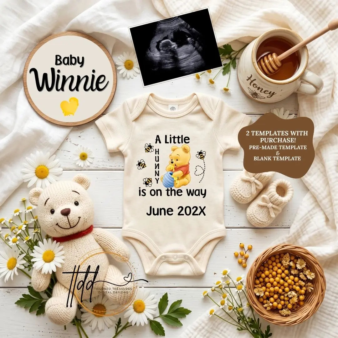 Digital Pregnancy Announcement, A Little Hunny Is Due, Customizable Disney Winnie The Pooh Themed, Personalized Editable Template TailoredTreasuresDigitalDesigns™