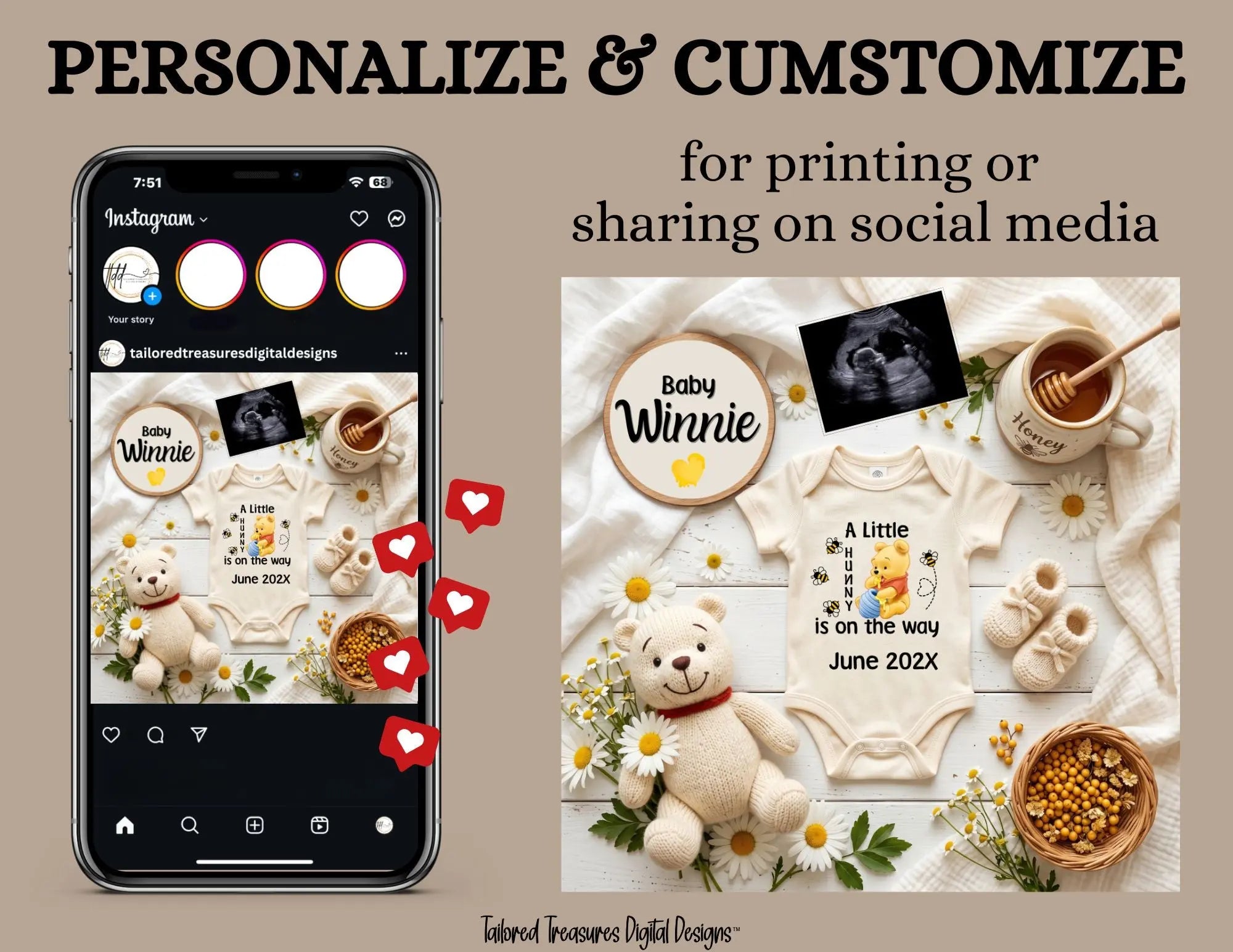 Digital Pregnancy Announcement, A Little Hunny Is Due, Customizable Disney Winnie The Pooh Themed, Personalized Editable Template TailoredTreasuresDigitalDesigns™