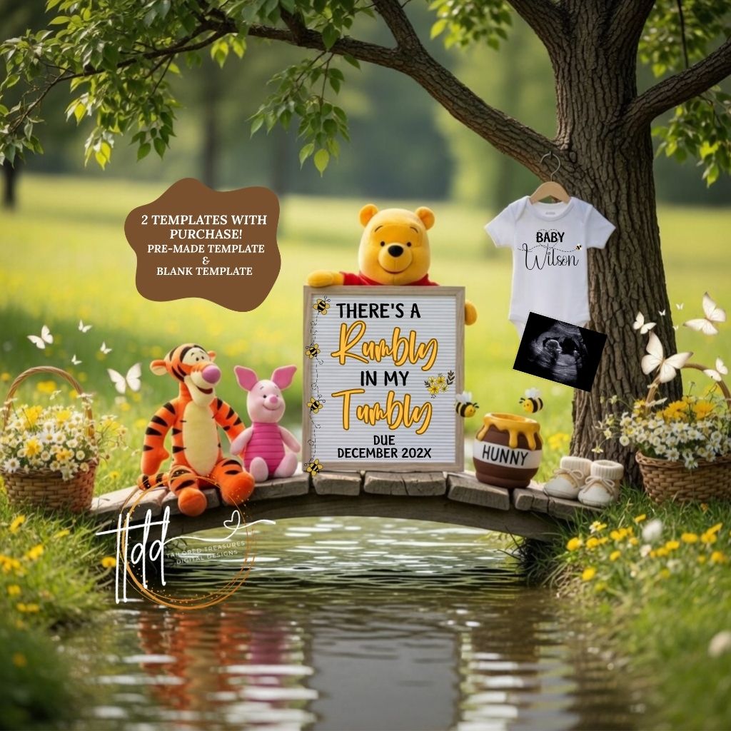 Winnie the Pooh → Disney Winnie the Pooh Rumbly Tumbly Baby Reveal Digital Editable Template, Canva Instant Download