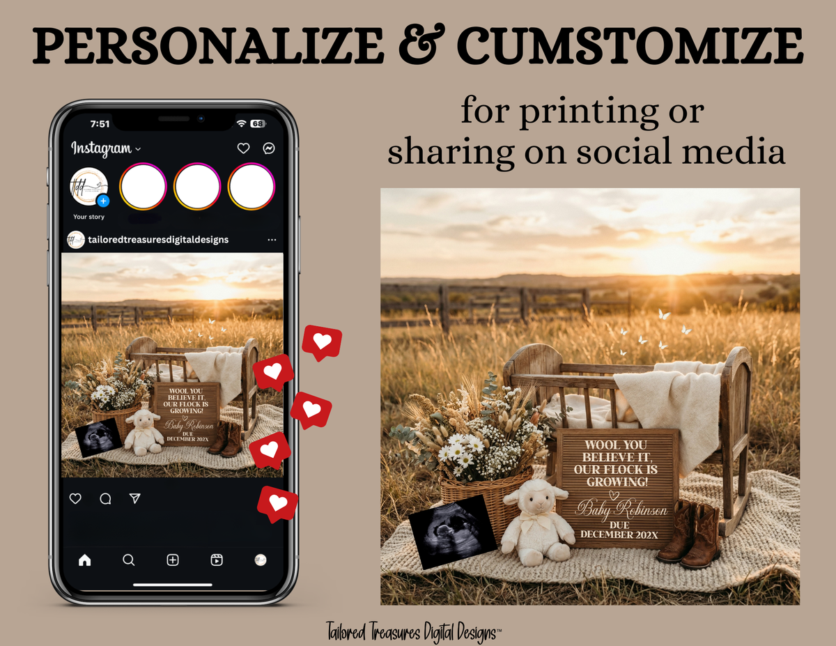 Lamb Pregnancy Announcement Canva Template | Wool You Believe It | Gender-Neutral Farm Baby Reveal