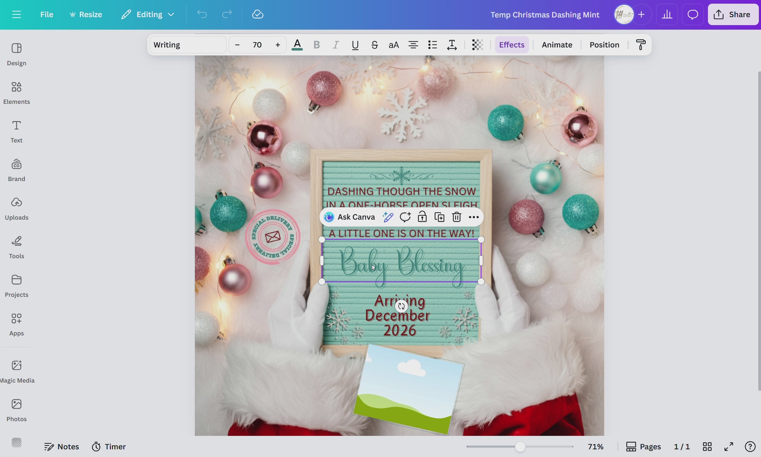 Digital Christmas Pregnancy Announcement, A Little One is on the Way, Customizable Mint Winter Themed, Personalized Editable Template
