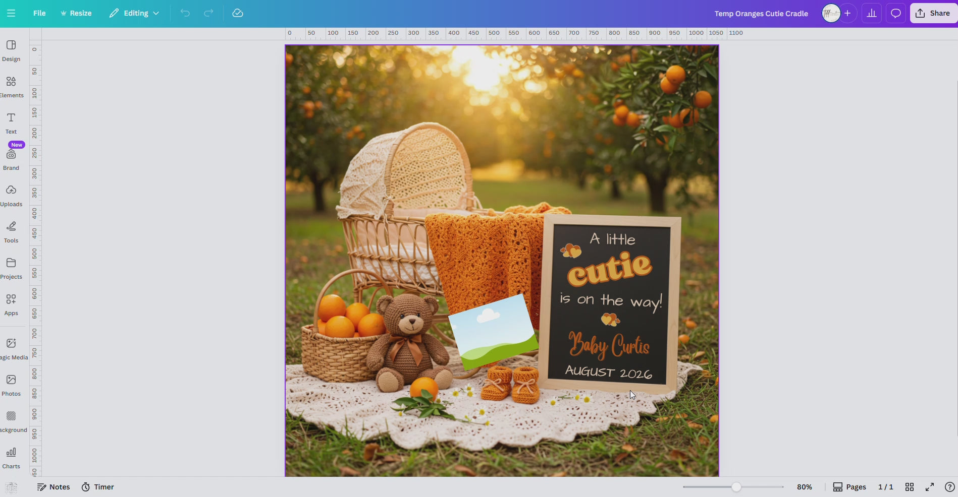 Digital Pregnancy Announcement, A Little Cutie, Customizable Oranges Themed, Personalized Editable Template