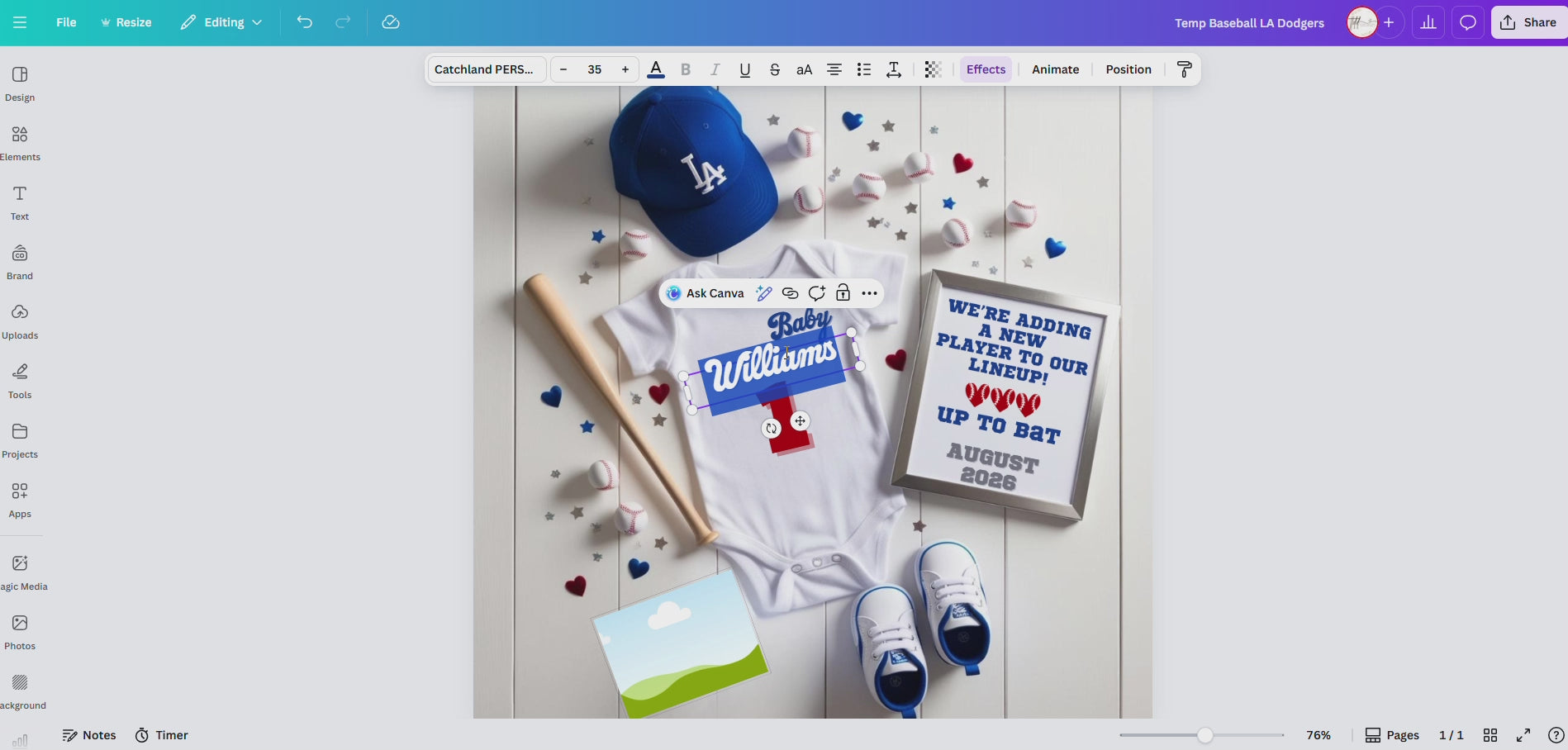 Digital Baseball La Dodgers Themed Pregnancy Announcement, New Player to our lineup, Customizable, Downloadable Editable Template