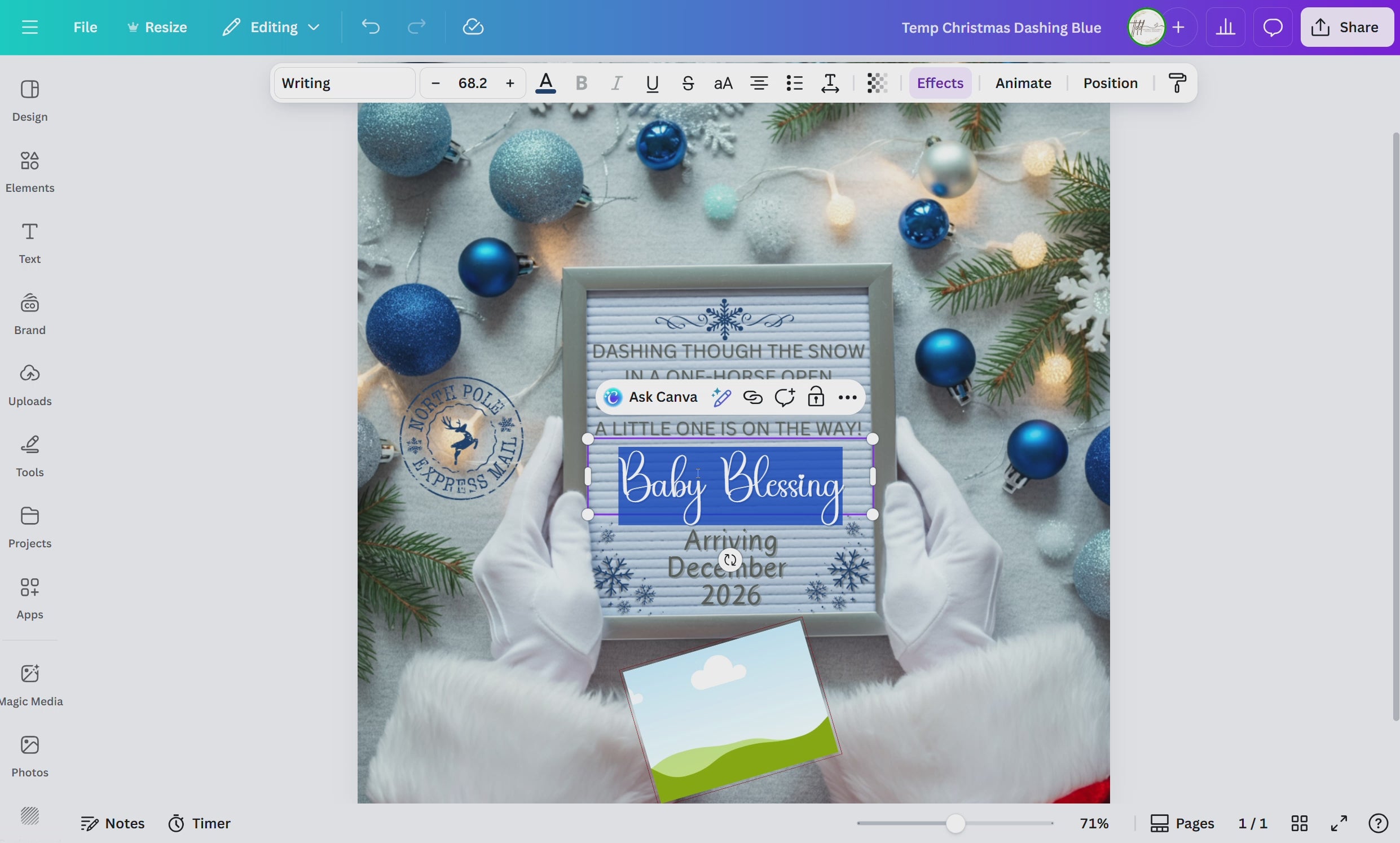 Digital Christmas Pregnancy Announcement, A Little One is on the Way, Customizable Blue Winter Themed, Personalized Editable Template