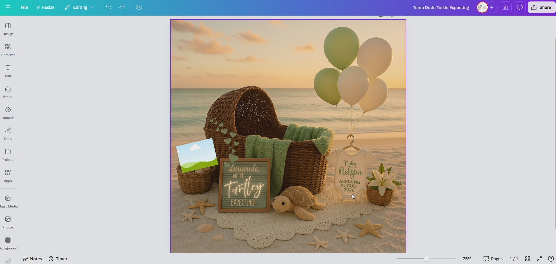Digital Turtle Pregnancy Announcement, Dude We’re Turtley Expecting, Customizable Beach Themed, Personalized Editable Template